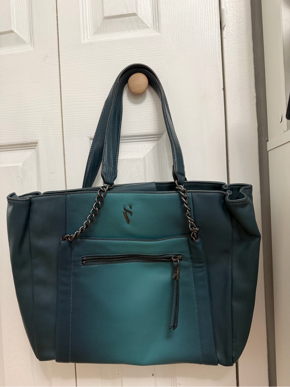 Vera Wang Two-Tone Teal Tote with Chain-Detail Straps